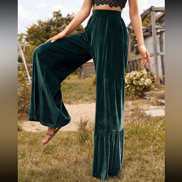 Luxe Velvet Wide Leg Palazzo Pants Green - Picture 6 of 6